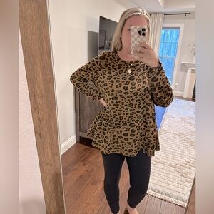 Terra & sky leopard peplum ruffle blouse